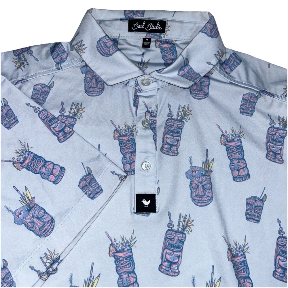 Bad Birdie Polo Shirt Mens Medium Blue Gray Tiki Print Stretch Golf‎ Activewear